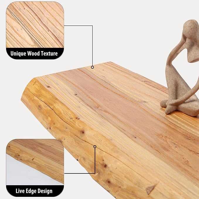 SAUMONIERES Live Edge Floating Shelves for Bedroom Living Room Wall Mounted Storage Long Natural Elm Wood Shelf Large Heavy Duty 8 Inch Deep, 48 inch Set of 1 Narutal Floating Shelf