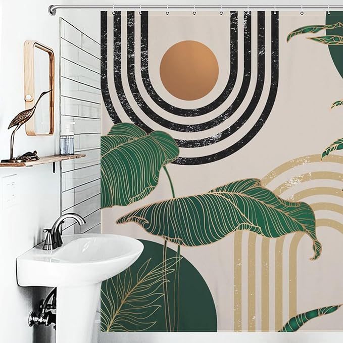 Green Boho Shower Curtain,Retro Abstract Mid Century Minimalist Tropical Modern Bathroom Curtain Polyester Waterproof Fabric Decor 72x72in（183x183cm）