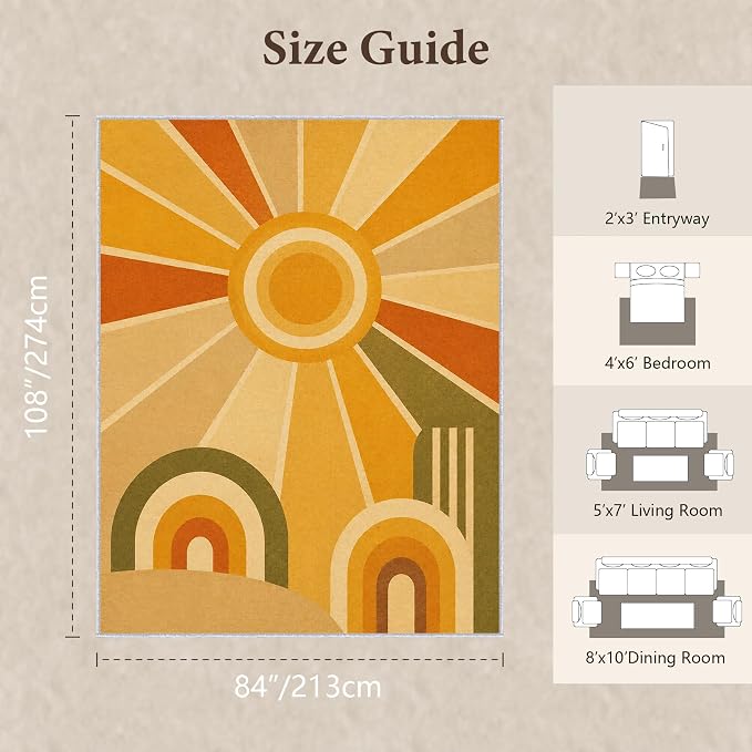 Golden Sunburst Area Rug 7x9, Mid Century Modern Retro Geometric Rug, 70s Style Abstract Washable Low Pile Non Slip Rug for Living Room Bedroom
