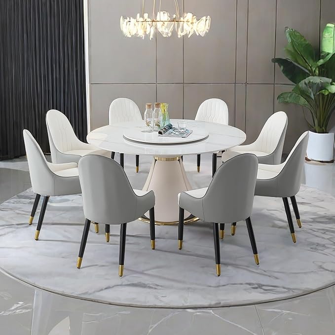 Round Marble Dining Table Set for 6-8, Kitchen Table Dining Room Table Set Petal Pu Leather & Metal Base (1 Table and 8 Grey Chairs)