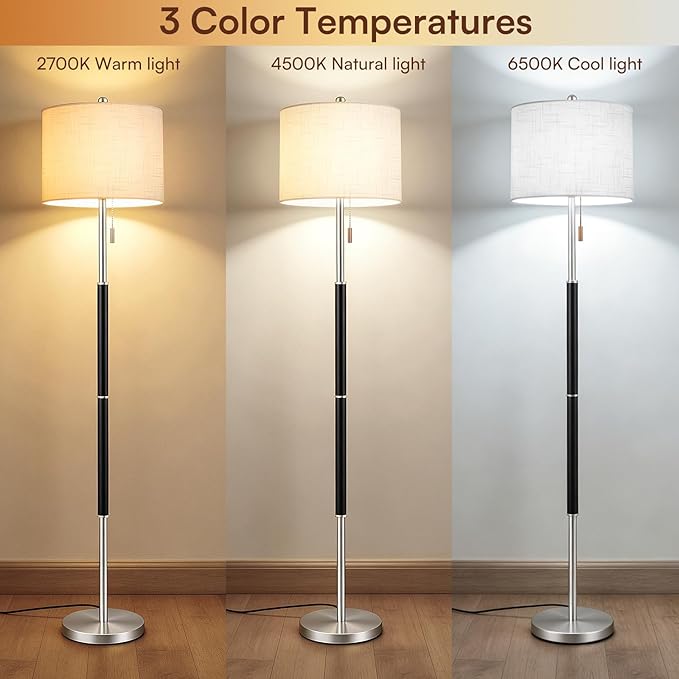 62" Mid Century Modern Floor Lamp, Black Standing Lamp with 3-Color Temperature and Pull Chain, Weighted Anti-Tip Base for Safety, Floor Lamps for Living Room Bedroom Corner (6500K Bulb Included)