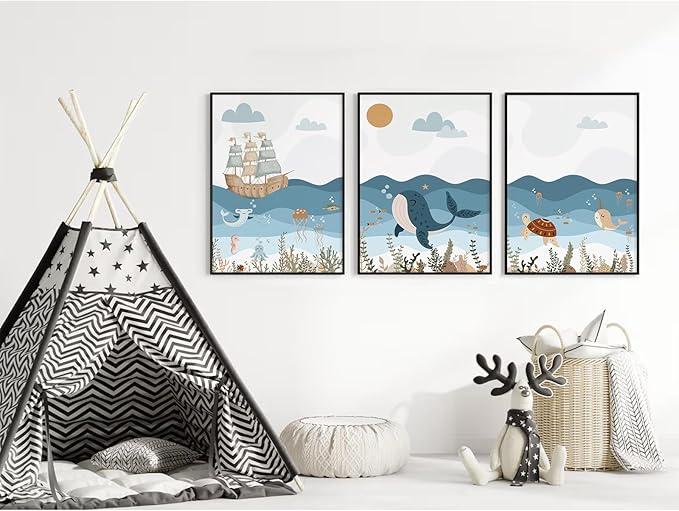Ocean Nursery Wall Art Pictures Blue Nautical Canvas Art Beach Animal Wall Decor Baby Boys Room Wall Art Sea Whale Prints Ocean Nautical Poster for Nursery Baby Room 12x16 Inch Set of 3 Unframed