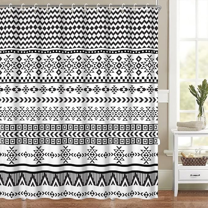 Bohemian Ethnic Shower Curtain for Bathroom Black and White Geometric Pattern Shower Curtains Modern Abstract Minimalist Bathroom Decor Set Washable Waterproof Polyester Fabric with Hooks 72x96 Inch