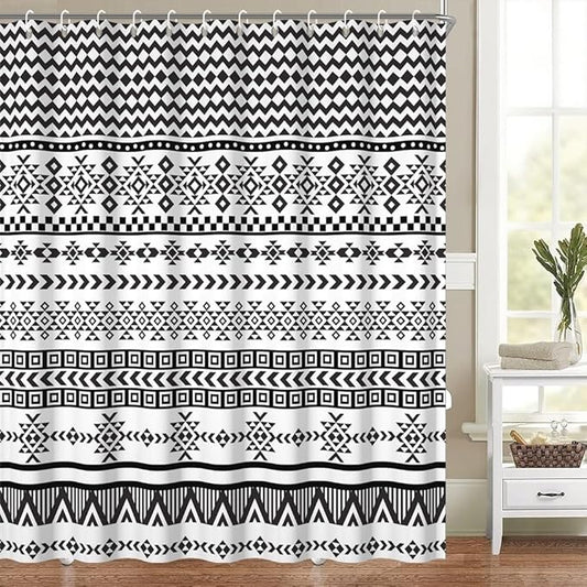 Bohemian Ethnic Shower Curtain for Bathroom Black and White Geometric Pattern Shower Curtains Modern Abstract Minimalist Bathroom Decor Set Washable Waterproof Polyester Fabric with Hooks 72x96 Inch
