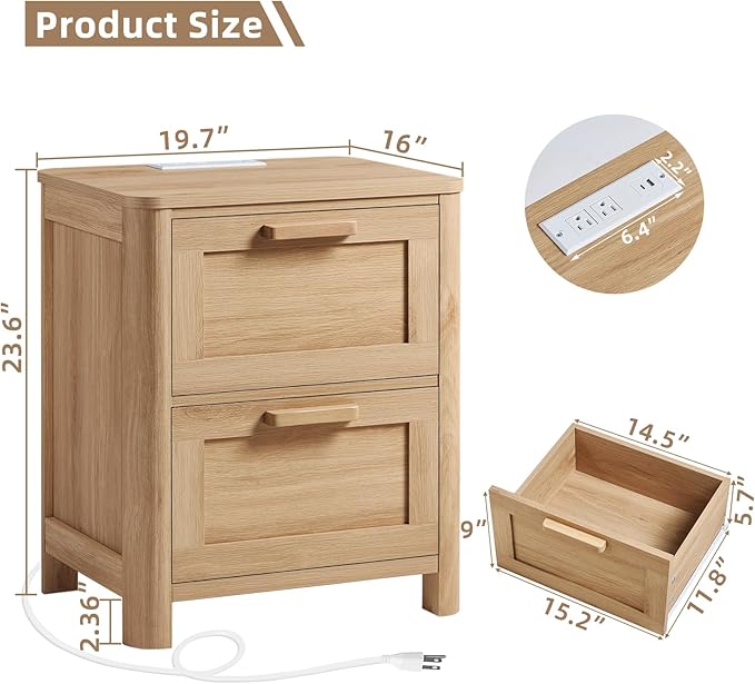 Farmhouse Nightstand Set of 2 with Charging Station, End Tables Bedroom with 2 Large Drawers & 4 Thickened Table Legs, Natural Wood