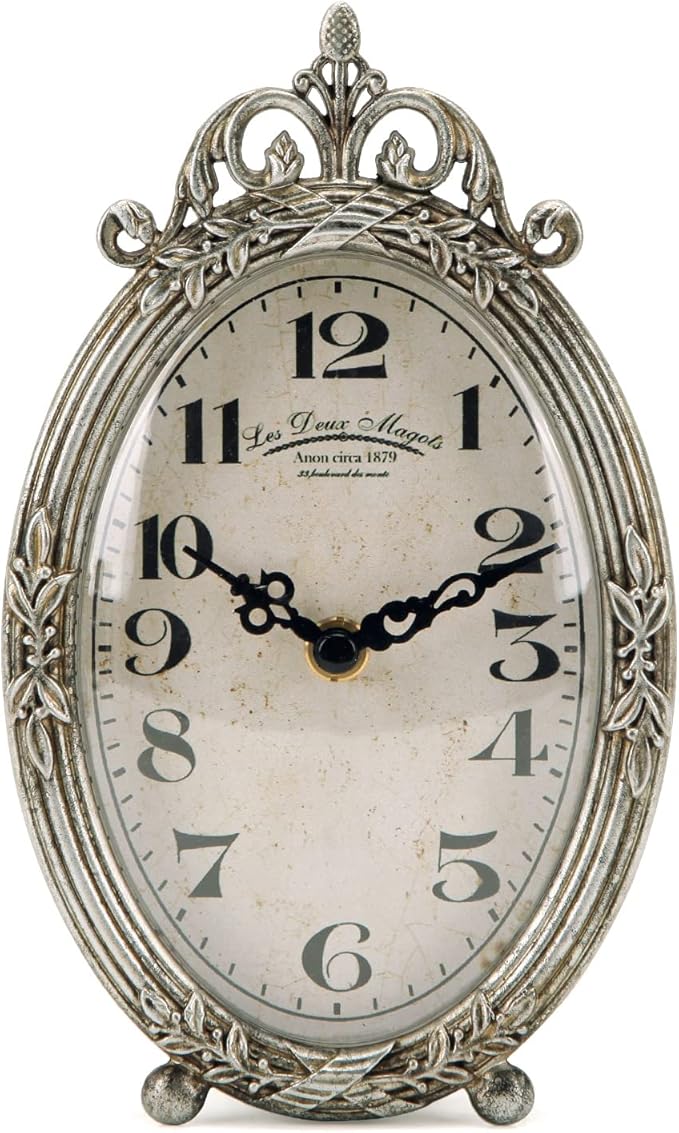 NIKKY HOME Small Vintage Table Clock, Silent Elegant Silver Desk Clock | Non-Ticking Battery-Operated Metal Decorative Shelf Clock, Perfect for Living Rooms, Offices, Shelves, Mantels