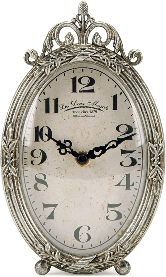 NIKKY HOME Small Vintage Table Clock, Silent Elegant Silver Desk Clock | Non-Ticking Battery-Operated Metal Decorative Shelf Clock, Perfect for Living Rooms, Offices, Shelves, Mantels