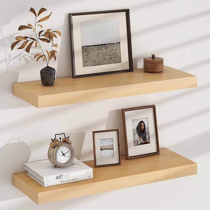 Floating Shelves for Wall, USA-Sourced Beech Wood 24 Inch Wall Shelves Set of 2, Natural Wooden Mounted Picture Ledge Shelf, Nursery Book Storage Shelf Kids Bookshelf Display, Shelf for Bathroom