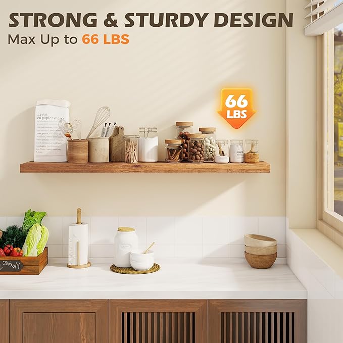 48 Inch Floating Shelves for Wall, 8"D High End Solid Hardwood Shelves for Decor Storage, Rustic Wall Shelves with Invisible Heavy Duty Brackets for Living Room, Kitchen, Bathroom, Natural, 1 Pack