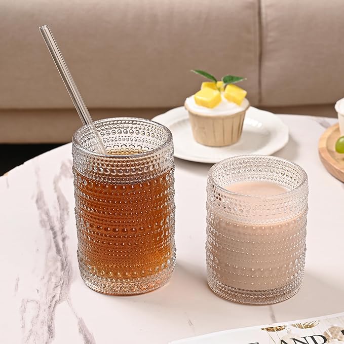 Vintage Glassware Drinking Glasses Set of 12,Clear 12oz & 15oz Hobnail Glass Cups,Embossed Water Tumbler,for Beer,Cocktail,Whiskey,Juice and Various Mixed Drinks- 1 Cleaning Brush