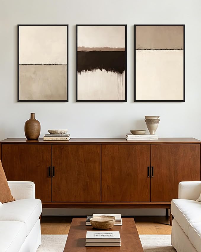 KUVIOKE Abstract Framed Wall Art Minimalist Beige Gray Pastel Watercolor Wall Decor Modern Illustration Neutral Art Painting Home Decor 16x24in (Black Framed)