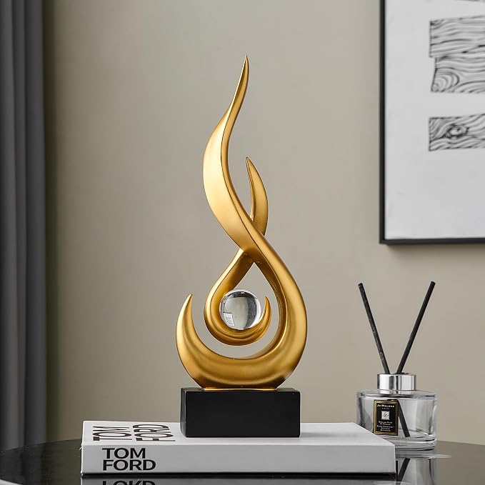 Octdays Gold Abstract Statue Sculpture Decorations, Modern Sculptures Home Décor Accents, Resin Art Flame Figurines for Living Room Table Centerpiece Office Desk TV Stand Decor