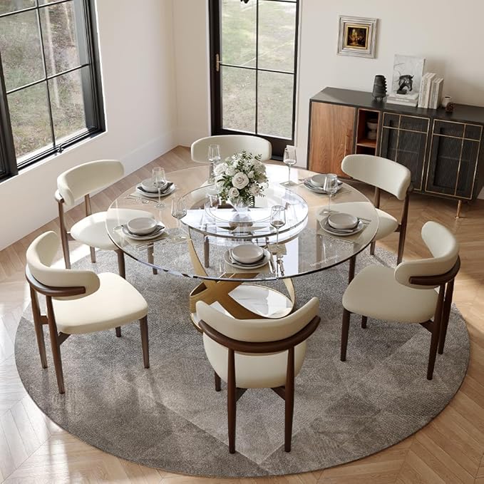 POVISON 59" Modern Round Dining Table with Lazy Susan, Glass Round Kitchen Table for 6, Glass Dining Room Table Top with Bronze X Carbon Steel Base for Dining Room (Dining Table Only)