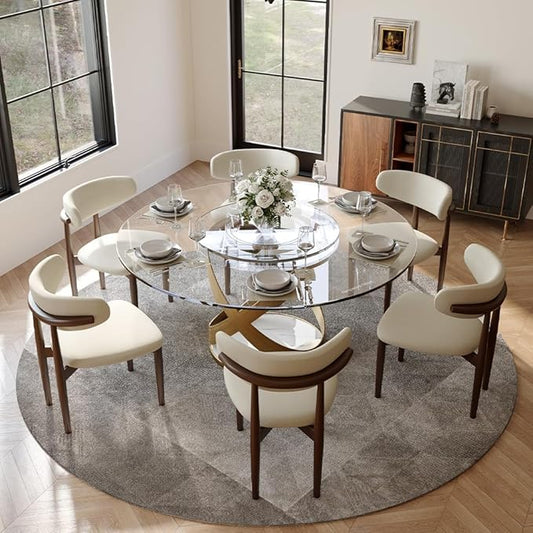 POVISON 59" Modern Round Dining Table with Lazy Susan, Glass Round Kitchen Table for 6, Glass Dining Room Table Top with Bronze X Carbon Steel Base for Dining Room (Dining Table Only)