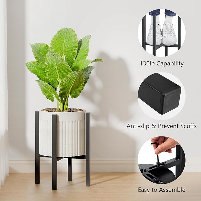 Linpla 2-Pack Adjustable Metal Plant Stand Indoor Outdoor - Fits 8 to 12 Inches Pots - Mid Century Modern Planter Stand Black Flower Pot Holder Home Decor for Gardening Gifts