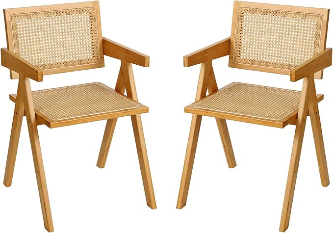 Furlide Rattan Dining Chairs Set of 2, Modern Mid Century Accent Chairs, Comfy Armchairs, Outdoor Rattan Chairs with Armrest for Bedroom Living Room Reading Room Dining Kitchen