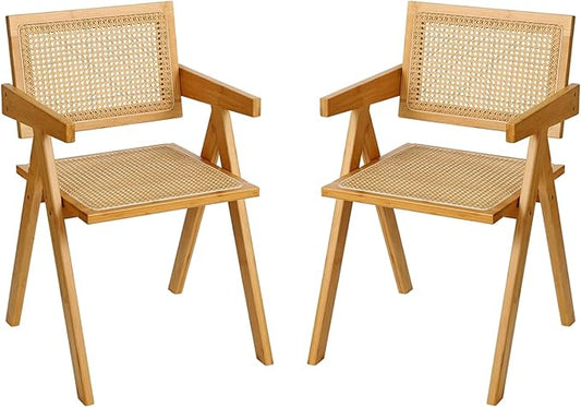 Furlide Rattan Dining Chairs Set of 2, Modern Mid Century Accent Chairs, Comfy Armchairs, Outdoor Rattan Chairs with Armrest for Bedroom Living Room Reading Room Dining Kitchen