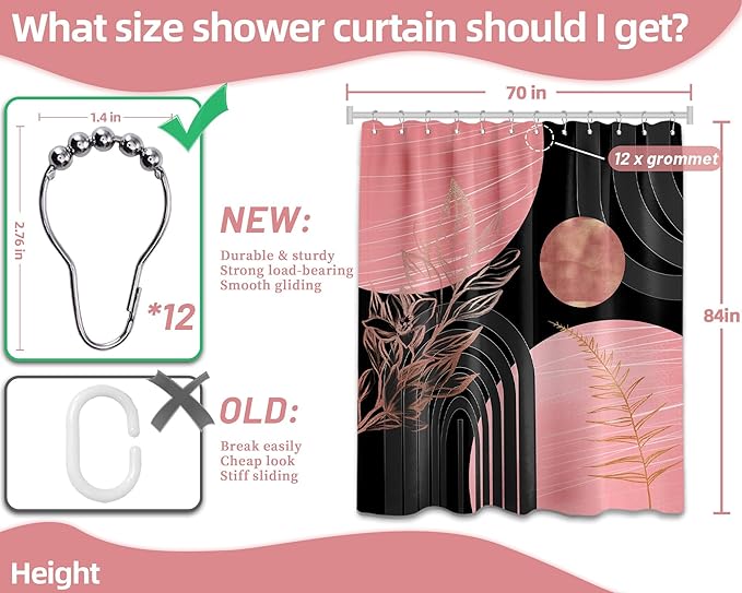 Black and Pink Shower Curtain Boho Mid Century Dark Pink and Gray Shower Curtains for Bathroom Decor, Waterproof Cloth Fabric with Hooks, 70" W x 84" L
