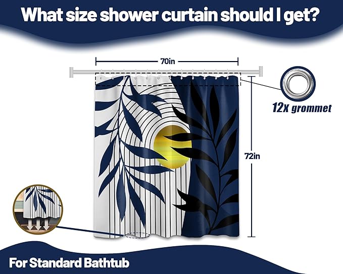 Boho Navy Blue Shower Curtain, Mid Century Modern Blue Shower Curtains for Bathroom Decor Set, Waterproof Fabric with Hooks, 70" W x 72" L
