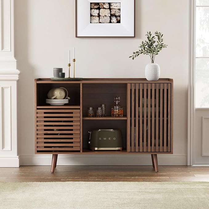 FiveWillowise 47.2" Buffet Cabinet with Storage, Mid-Century Sideboard Coffee Bar Cabinet with Sliding Door for Living Room, Dining Room, Kitchen, Hallway, Walnut