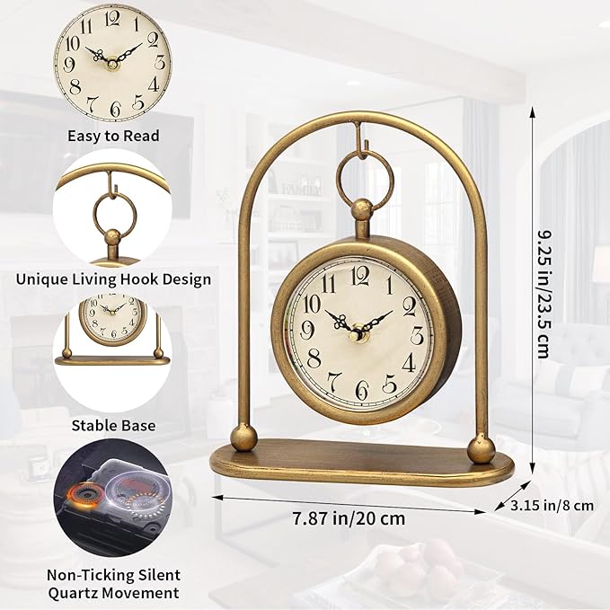 Vintage Small Gold Table Clock, Farmhouse Table Clock, Silent Non-Ticking Battery Operated Desk and Shelf Clocks for Living Room Bedroom Kitchen Home Decor