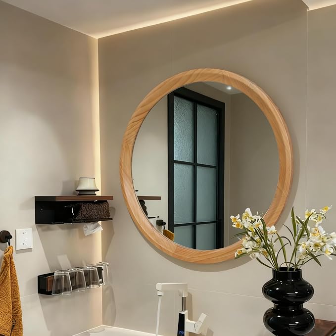 23.62" Round Natural Wood Wall Mirror Minimalist Mid-Century Modern Decorative Mirror with Sleek Solid Wood Frame HD Wall Mounted Mirror for Bathroom Vanity Living Room Bedroom Entryway