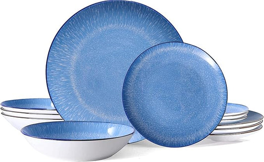 Bestone 12-Piece Round Porcelain Dinnerware Set, Service for 4, Chip Resistant Plates and Bowls,Blue, Dishwasher & Microwave Safe for Home Daily Use