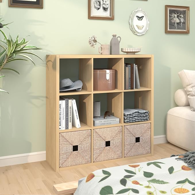CTESNE【2026 Wooden Thick Frame 9 Cube Storage Organizer Shelf with Anti-Tipping Kits + Reversible Open Back Bookcase, Horizontal and Vertical Dual-use（Oak Color,11inch）