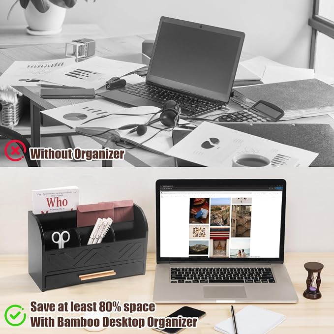 Charmewooden Black Desktop Organizer with Drawer Storage, White Desk Organizer Mail Holder Mail Organizer Countertop Pen Holder Letter Sorter Make up Organizer for School Home Office Supplies