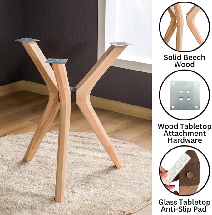 Mid Century Modern Dining Table Base Only, Pedestal Table Bases, Wooden Legs for Kitchen Tables, Glass Top Wood Top Assembly Tools Available (Wood Tabletop Hardware, Walnut)