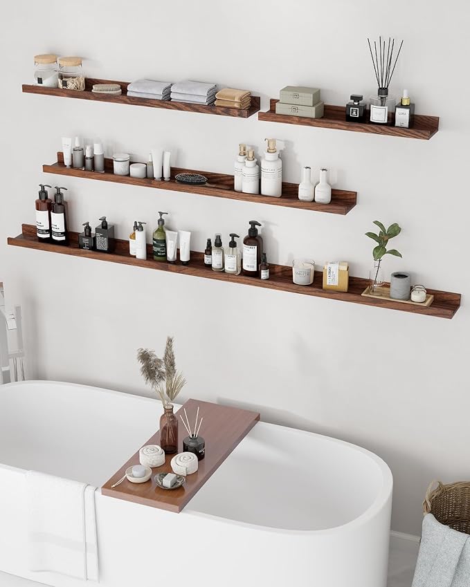 Axeman Oak Picture Ledge Shelf, 48 Inch Floating Shelves Set of 2, Solid Oak Wood Wall Shelves with Lip, Wall Decor Storage for Bedroom Living Room Bathroom Kitchen Nursery Photo Picture, Walnut