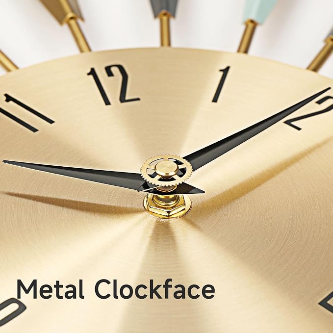 Cuspin Mid Century Modern Wall Clock, Large Colorful Starburst 28 Inch Wall Clock Battery Operated, Metal Decorative Sunburst Clocks for Living Room Kitchen Bedroom Office Decor