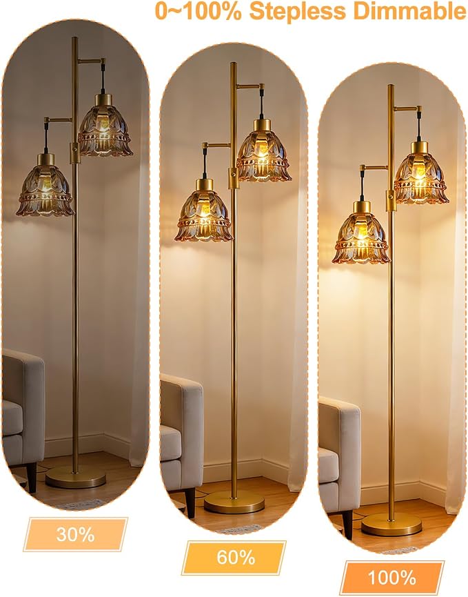2-Light Modern Glass Floor Lamp, Gold Tall Standing Lamp with Amber Lace Glass Shade for Reading, Dimmable LED Floor Lamp with 5Lbs Heavy Base for Living Room Bedroom Home Decor, Bulb Included