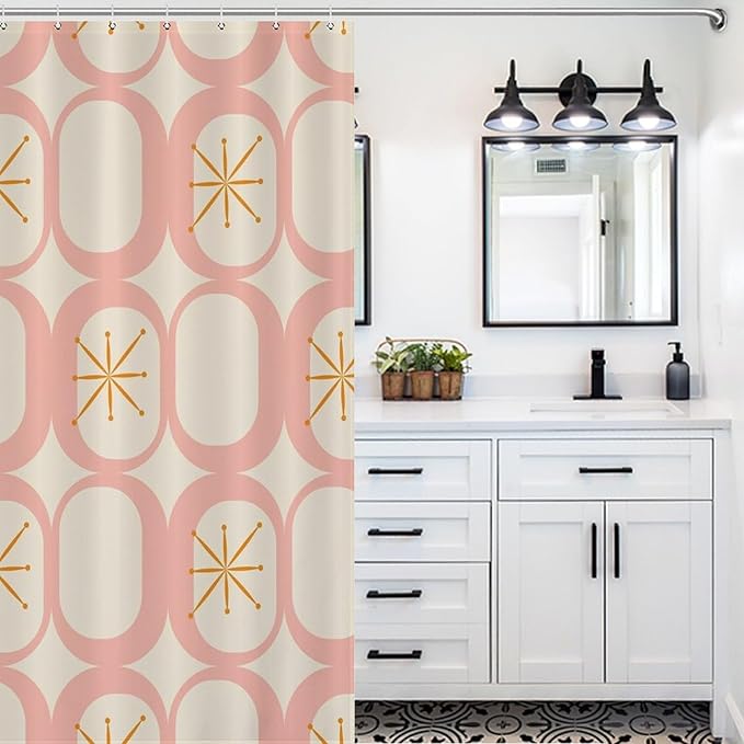Retro 50S Shower Curtains Vintage Mid Century Aesthetics Modern Pink Beige Pattern Duty Fabric Shower Curtain Set Bathroom Polyester Waterproof with 12 Hooks, 55x72Inch（140x183cm）
