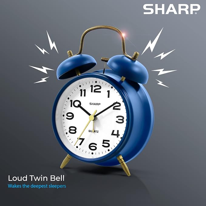 Sharp Twin Bell Alarm Clock, Loud Alarm Great for Heavy Sleepers - Stylish Matte Finish with Rustic Bronze Accents, Battery Operated (Matte Navy)