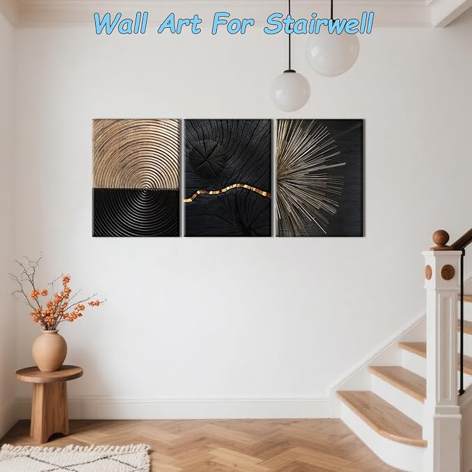 Pennimor 3Pcs Framed Retro Wood Grain Abstract Wall Art, Simple Geometric Line Wood Wall Decor, Black and Brown Modern Minimalist Artwork Printing for Bathroom Bedroom Living Room Home Office 12x16in
