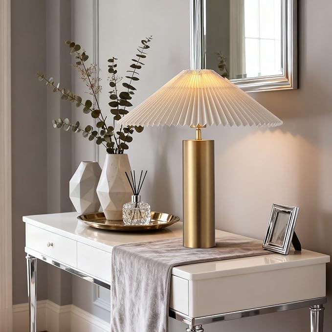 Modern Table Lamp with Metal Blade Lampshade and Cylindrical Base, E26 Bulb Compatible, Contemporary Accent Light for Living Room, Bedroom, Office (Gold)
