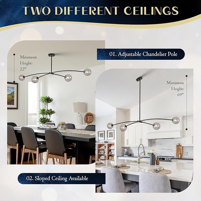 L51” Black Sputnik Chandelier Modern 4 Lights Dining Room Light Fixture Mid Century Smoke Glass Globe Ceiling Pendant Lighting Contemporary for Kitchen Island Bar Bedroom Home Office