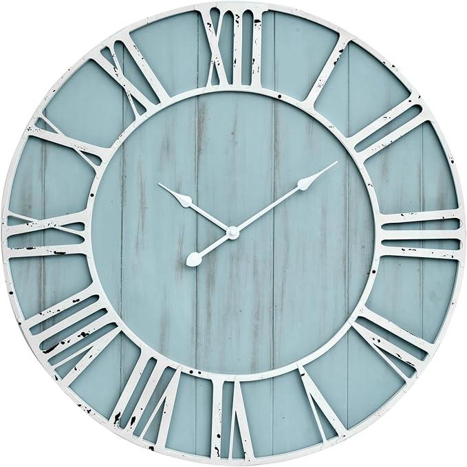 Large Farmhouse Wall Clock 30 Inch Vintage Blue Wooden Wall Clock with Quiet Ticking and Minimalist Roman Numerals for Bedroom Living Room Office Kitchen Home Decor, Battery Operated