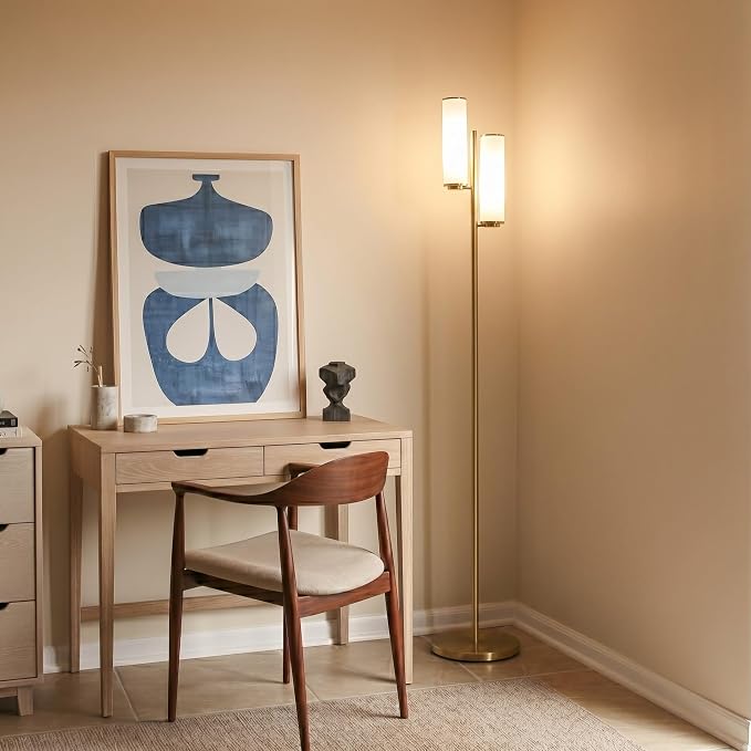 Brightech Gemini Dimmable Floor Lamp with Two Lights - Modern Tall Tree Lamp for Bedroom, Office, Living Room - Gold/Brass
