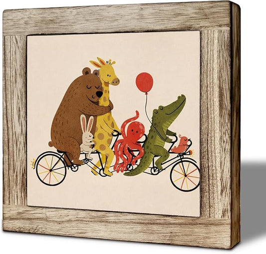 Cute Animal Bike Parade Wooden Desktop Sign, Whimsical Cartoon Animals Riding Bicycle Wood Plaque Tabletop Decor for Nursery Kids Room Bedroom Shelf