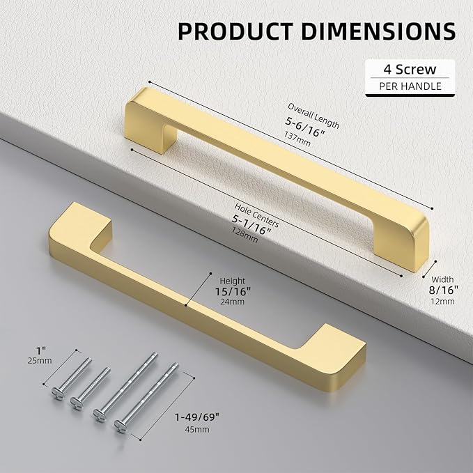 50 Pack 5 Inch Brushed Gold Cabinet Pulls Solid Zinc Alloy Gold Cabinet Handles - Brushed Brass Dresser Drawer Pulls for Kitchen Cabinet Hardware Zinc Alloy Handles