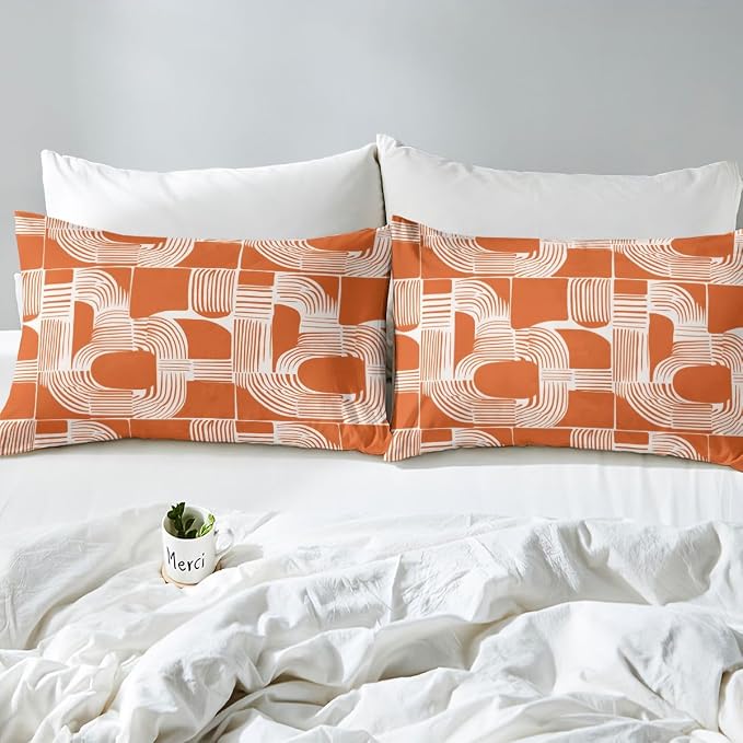 Erosebridal Mid Century Kids Queen Bedding Set Bohemian Ethnic Comforter Cover for Boys Teens Adult Boho Geometric Duvet Cover 3-Piece Modern Simple Orange Stripes Bed Sets Lightweight Bedroom Decor