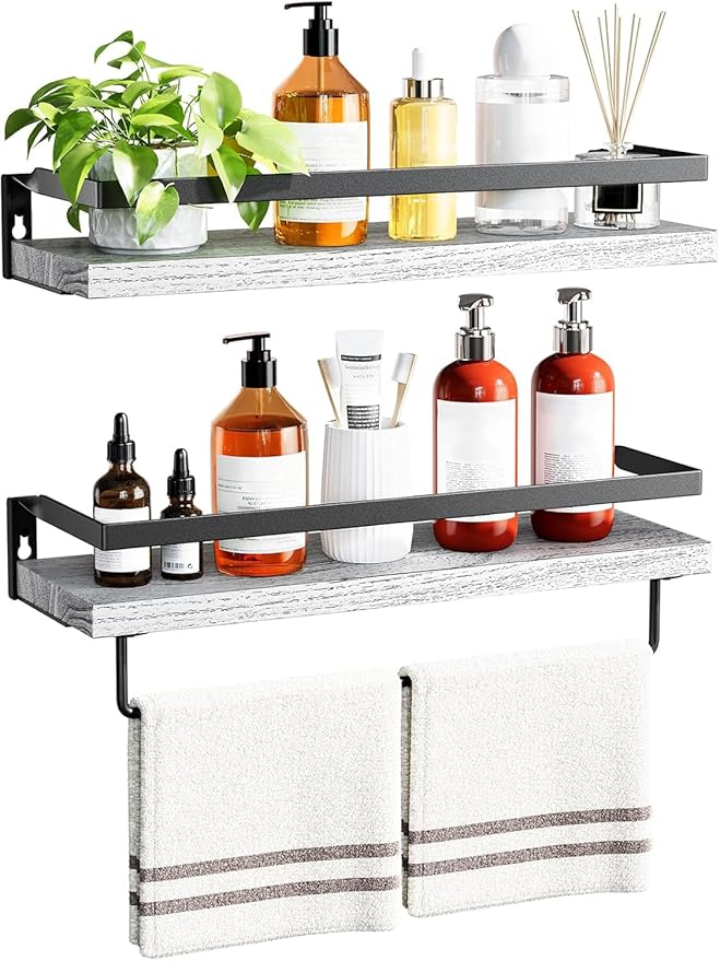 AMADA HOMEFURNISHING Bathroom Shelves with Towel Bar, Floating Shelves, Wall Shelves for Bathroom/Living Room/Kitchen/Bedroom, White, Set of 2 - AMFS01W