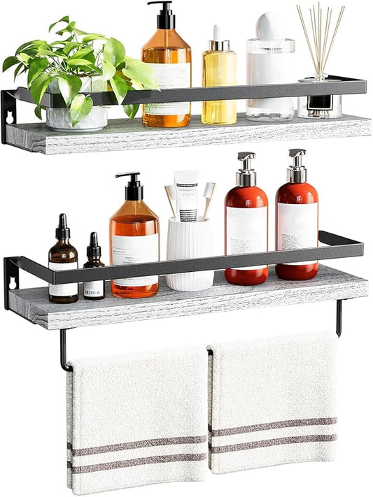 AMADA HOMEFURNISHING Bathroom Shelves with Towel Bar, Floating Shelves, Wall Shelves for Bathroom/Living Room/Kitchen/Bedroom, White, Set of 2 - AMFS01W