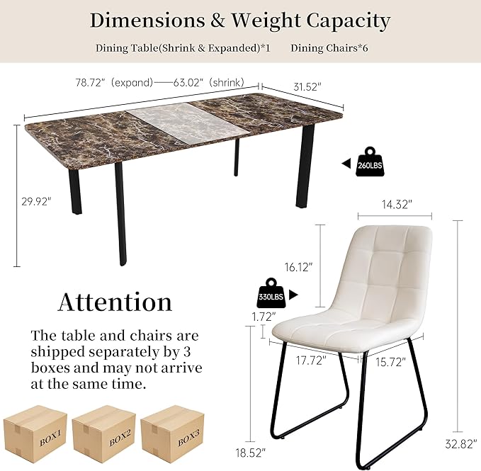 Extendable Dining Table Set for 6-8 People, 63 to 78.7 Inch MDF Kitchen Table with 6 Upholstered Chairs, Space-Saving for Dining Room, Breakfast Nook (Brown Table & 6 White U-Shaped Chairs)