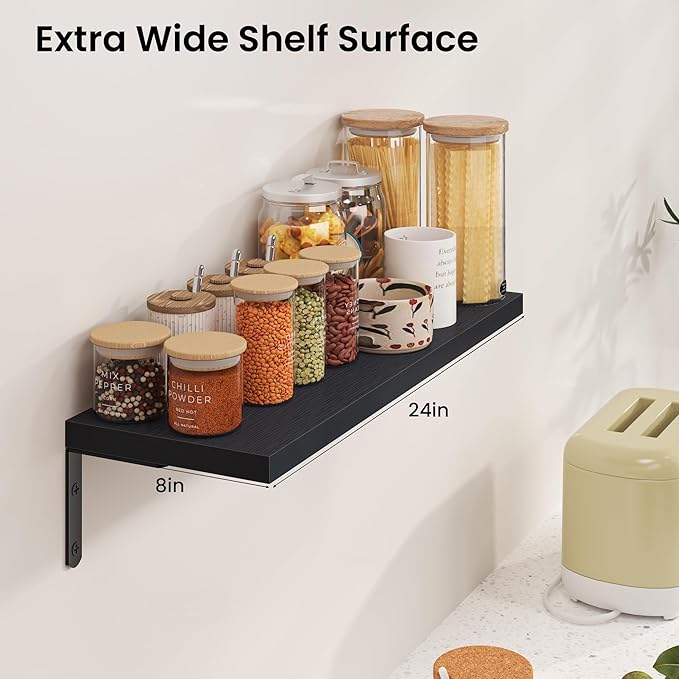 Marsmiles Extra Wide Floating Shelves for Wall, 24x8 Inch Natural Wood Grain Bookshelves, Heavy Duty Mounted Shelving for Bathroom, Kitchen, Living Room, Bedroom,Set of 2，Black