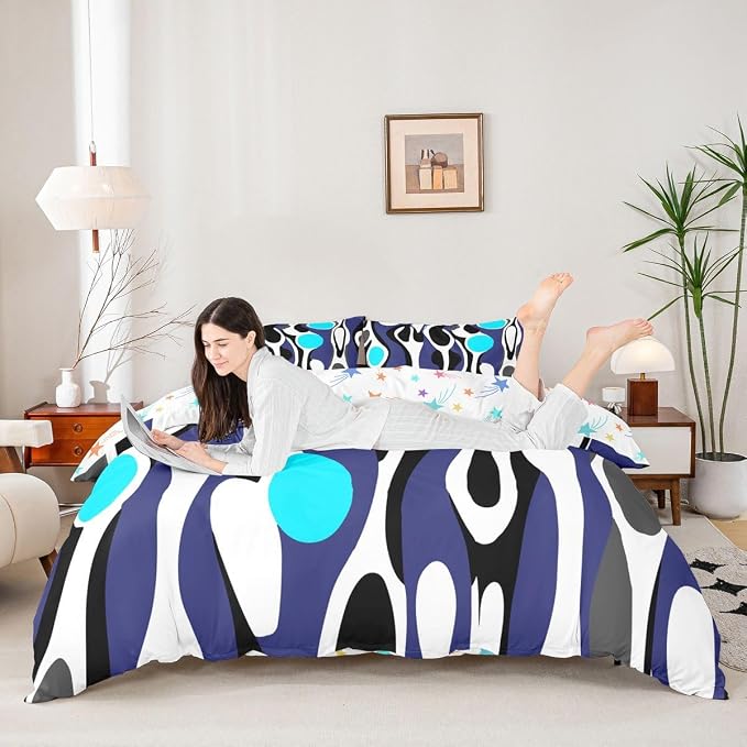 Erosebridal Organic Abstract Duvet Cover Set Modern Contemporary King Bedding Set for Adult Men Boho Mid Century Wavy Lines Comforter Cover Retro Geometric Bed Sets,Dark Blue Cyan