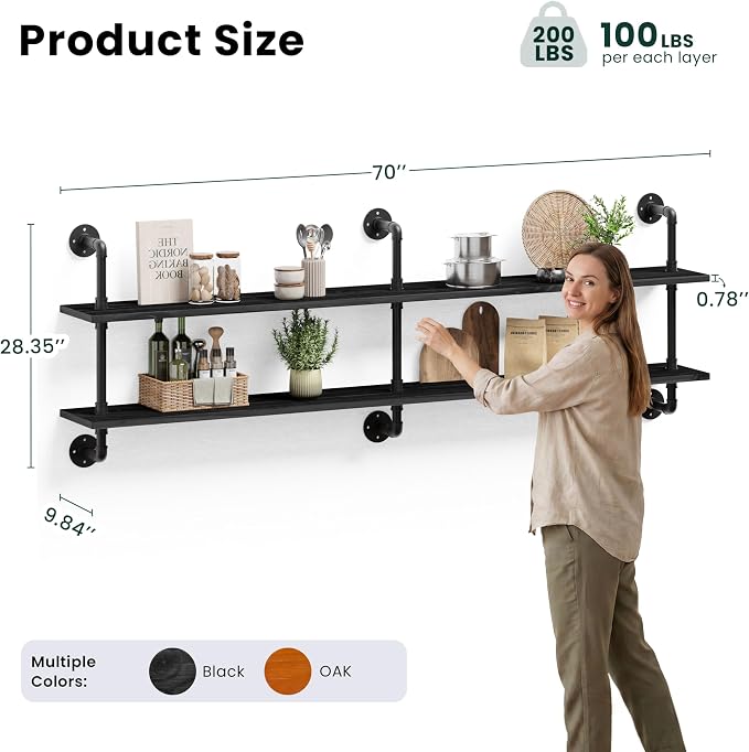 HDDFER Floating Shelves Wall Bookshelf Industrial Pipe Shelving Shelves Real Wood Planks 70 inch Rustic Wall Shelves Hanging Bookshelves Farmhouse Kitchen Bar Shelving