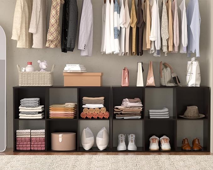 PrimeZone Stackable 6 Cube Storage Organizer: Wood Cubes Shelf Fits Cubby Bins - Square Cubicle Bookshelf Cabinet for Closet Bedroom - Open Storage Shelf for Toy Clothes Book Organization, Espresso